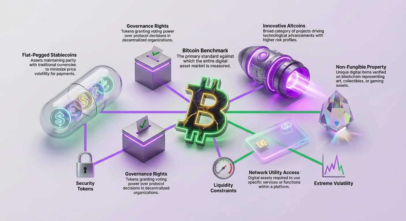 Infographic illustrating cryptocurrency asset spectrum from fiat-pegged stablecoins and Bitcoin benchmark to innovative altcoins, governance rights, network utility, non-fungible properties, with notes on security tokens, liquidity, and volatility.