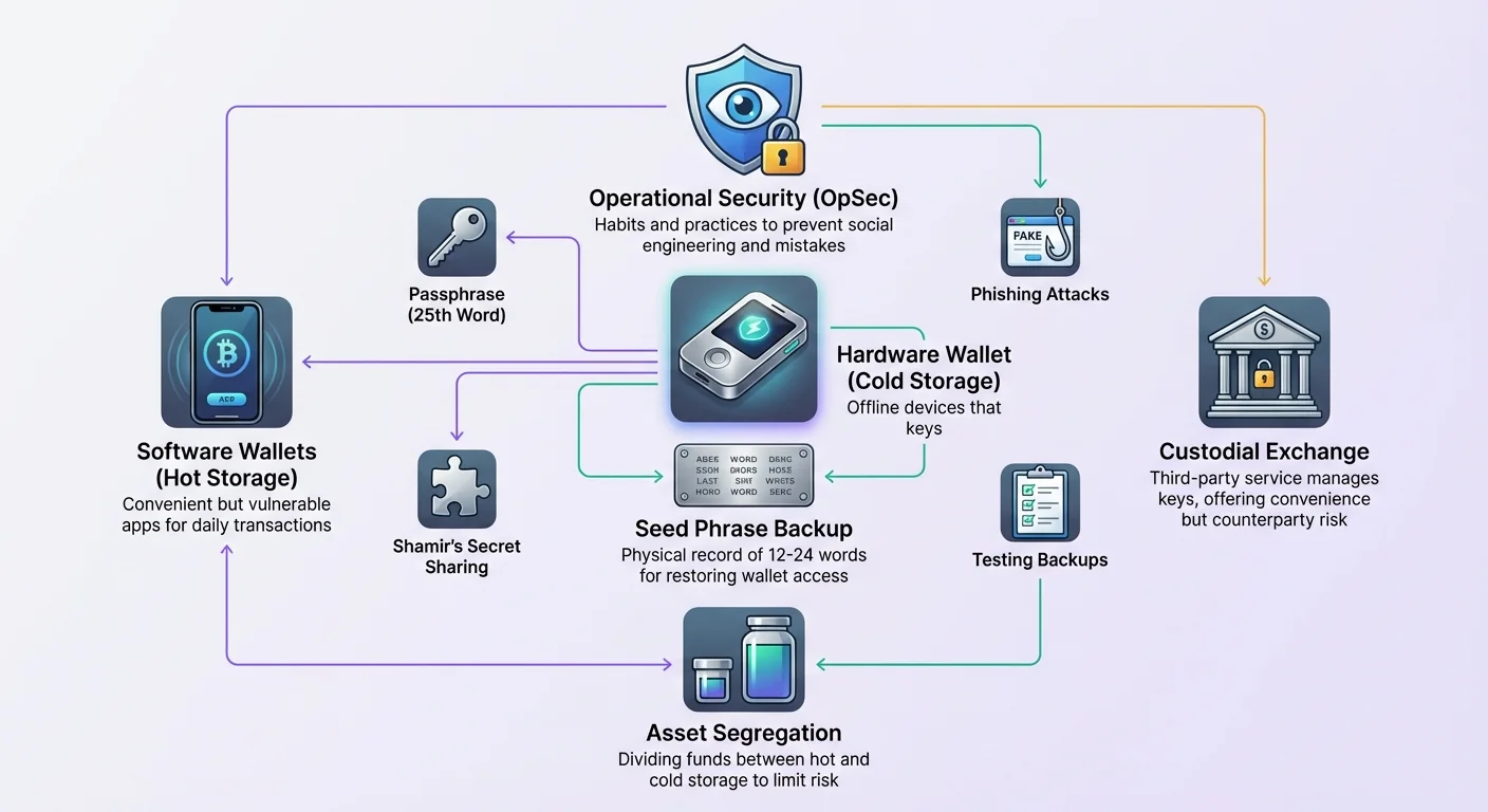 Detailed infographic of multi-layered crypto wallet security strategy, centering hardware wallet and seed phrase amid operational practices and external risks for robust disaster recovery.