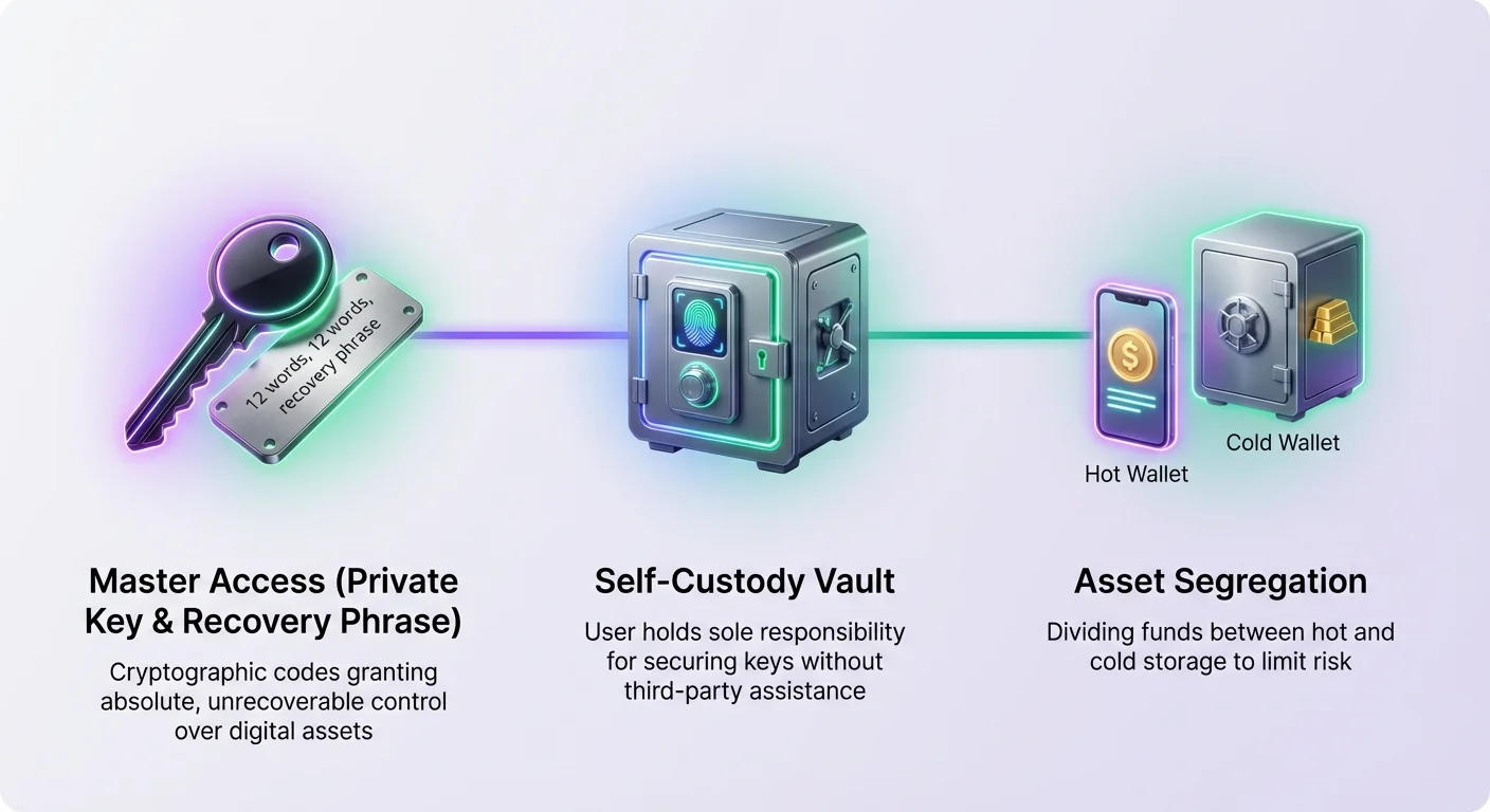 High-level infographic overview of self-custody fundamentals, showing user relationship with private keys and asset segregation in crypto wallets.