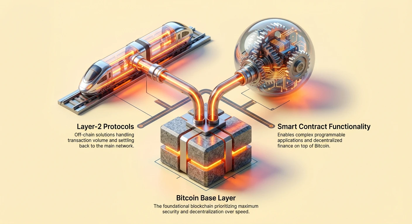Simple infographic showing Bitcoin base layer as secure foundation, Layer-2 protocols for speed and volume, and smart contracts enabling programmable apps on top.