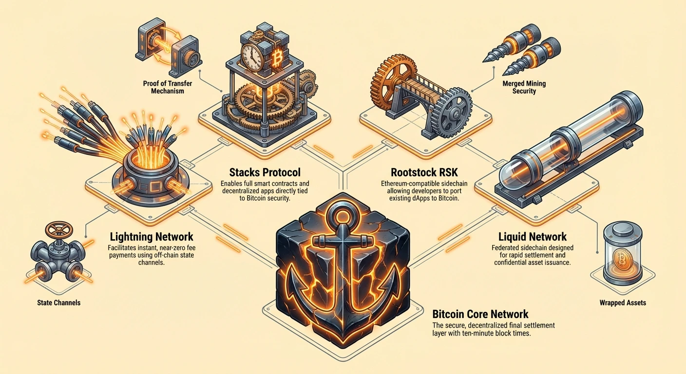 Infographic illustrating Bitcoin Core Network foundation with Lightning, Stacks, RSK, and Liquid protocols above, featuring state channels, proof of transfer, merged mining, and wrapped assets.