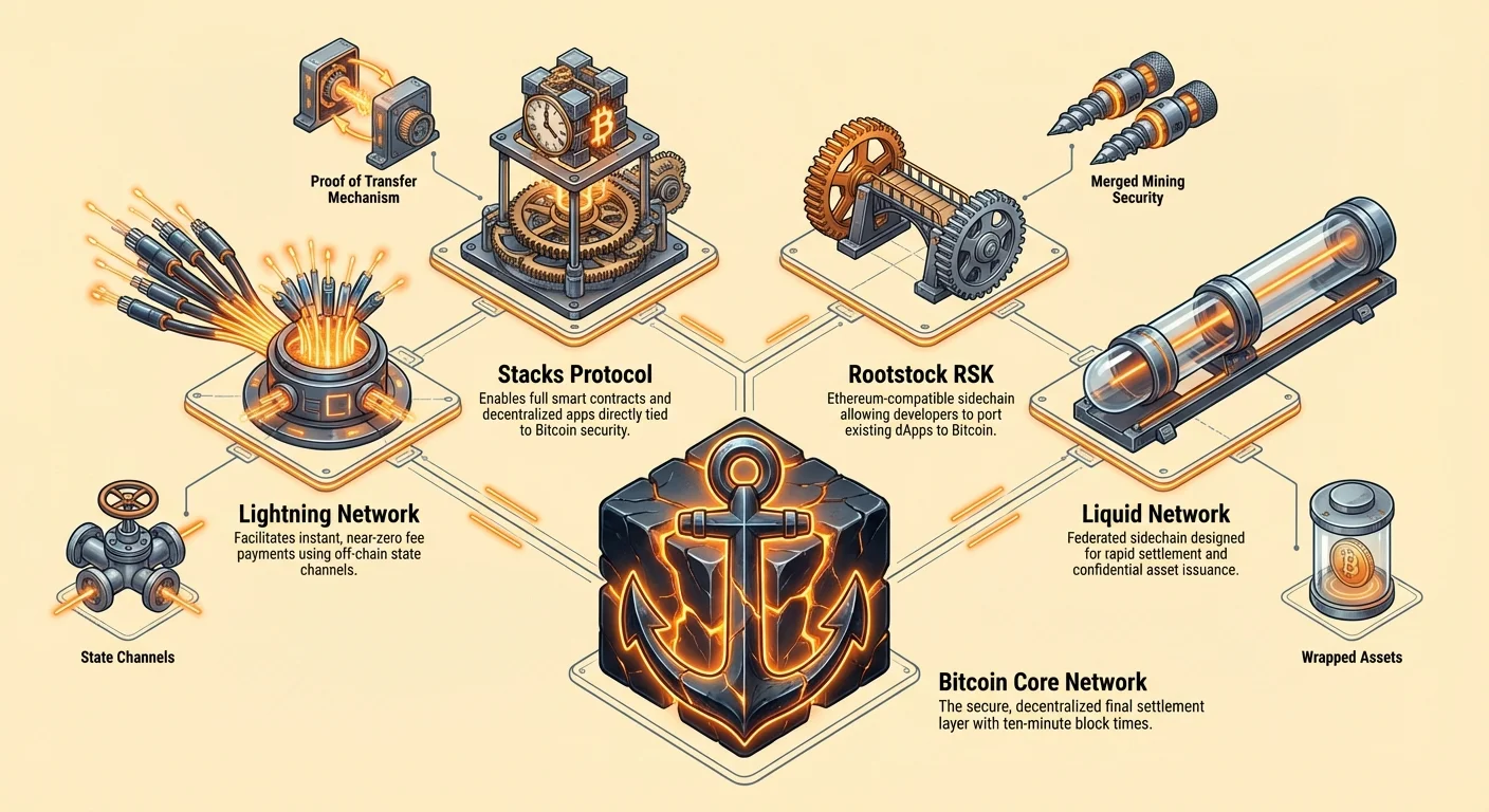 Infographic illustrating Bitcoin Core Network foundation with Lightning, Stacks, RSK, and Liquid protocols above, featuring state channels, proof of transfer, merged mining, and wrapped assets.