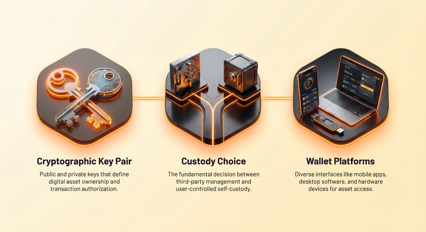 Simple infographic overview of cryptocurrency wallet fundamentals: cryptographic key pair, custodial vs non-custodial choice, and mobile, desktop, hardware platforms.