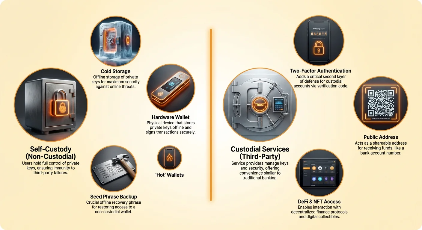 Infographic comparing self-custody non-custodial wallets (cold storage, hardware, seed backups) versus custodial services (2FA, public addresses, hot wallets, DeFi, NFT access).
