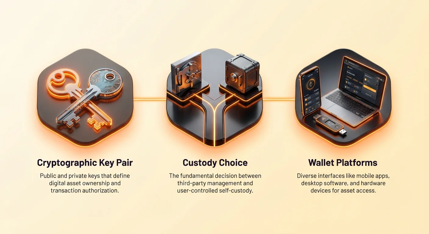 Simple infographic overview of cryptocurrency wallet fundamentals: cryptographic key pair, custodial vs non-custodial choice, and mobile, desktop, hardware platforms.