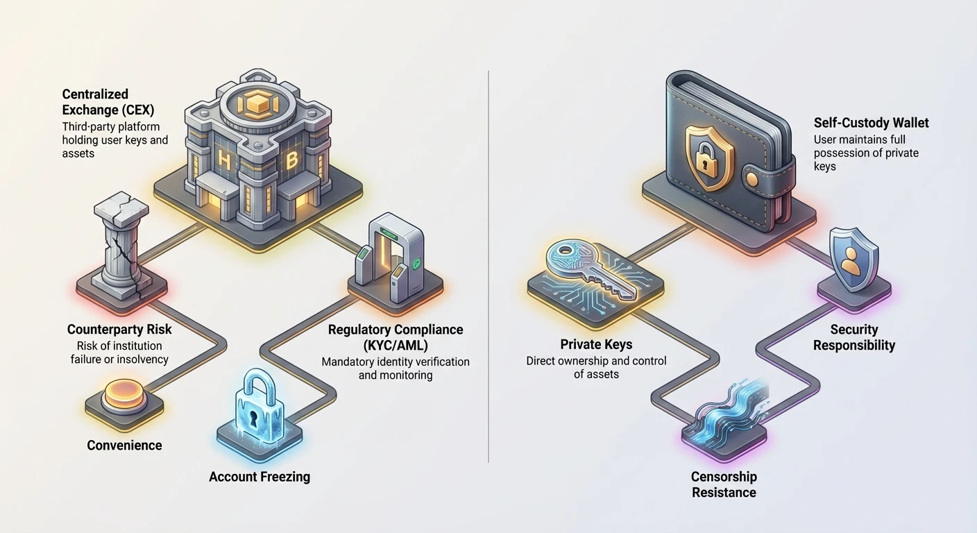 Infographic comparing centralized exchange custodial wallets and self-custody wallets, showing convenience vs. counterparty risk, regulatory compliance, account freezing, and censorship resistance.