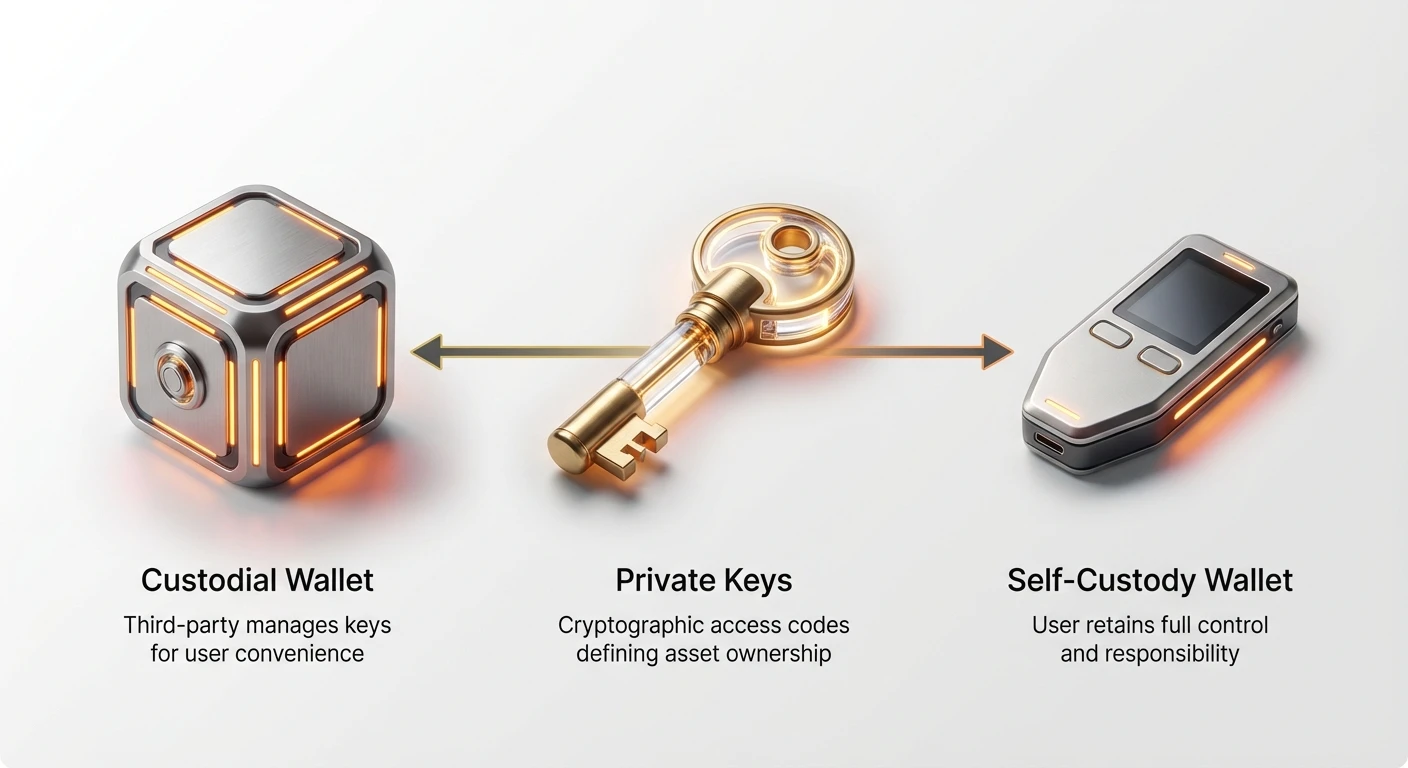 Simple infographic overview comparing custodial wallets, where third parties manage private keys for convenience, and self-custody wallets, where users retain full control and responsibility.