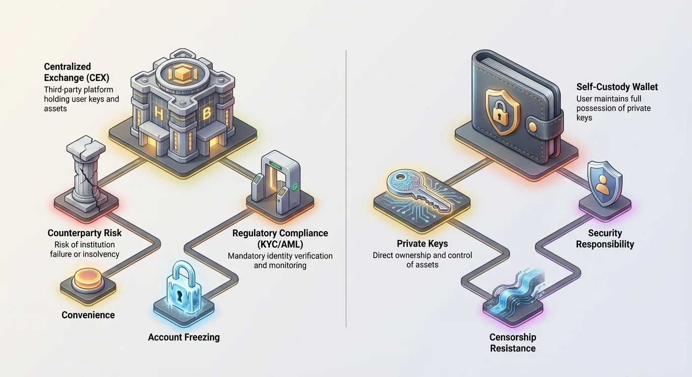 Infographic comparing centralized exchange custodial wallets and self-custody wallets, showing convenience vs. counterparty risk, regulatory compliance, account freezing, and censorship resistance.