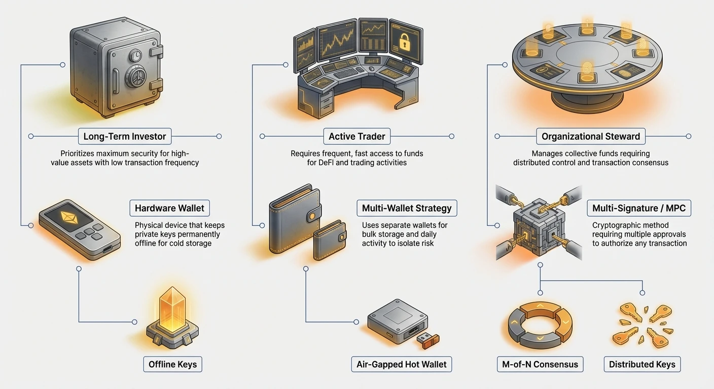 Blueprint-style infographic comparing three crypto custody archetypes—Long-Term Investor, Active Trader, Organizational Steward—with optimal solutions and key features for each.