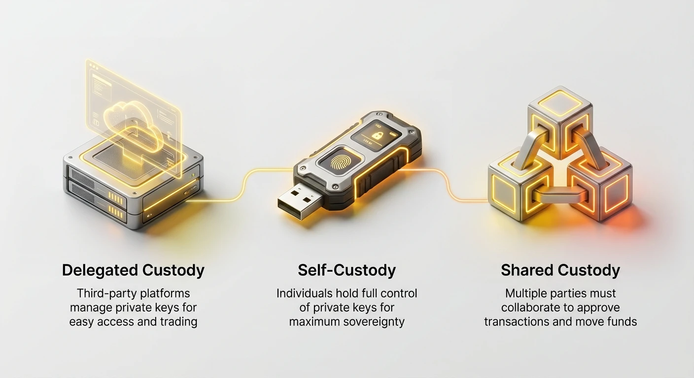 Infographic visualizing the spectrum of control in crypto custody from third-party trust to full sovereignty, highlighting three main models.