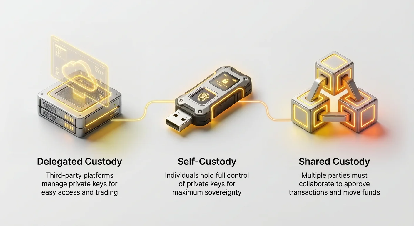 Infographic visualizing the spectrum of control in crypto custody from third-party trust to full sovereignty, highlighting three main models.