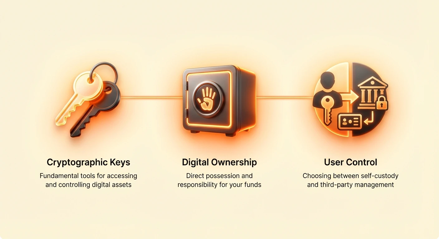 High-level infographic overview of cryptocurrency custody fundamentals, highlighting cryptographic keys, digital ownership, and user control principles.