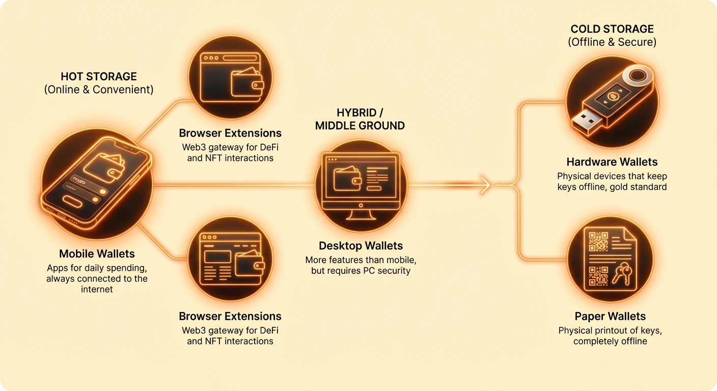 Detailed infographic showing cryptocurrency wallet types spectrum from hot online to cold offline storage, highlighting trade-offs between security and convenience.