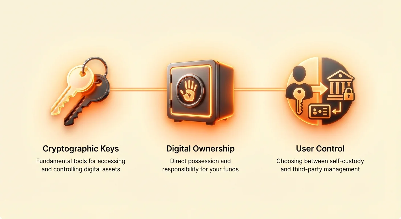 High-level infographic overview of cryptocurrency custody fundamentals, highlighting cryptographic keys, digital ownership, and user control principles.