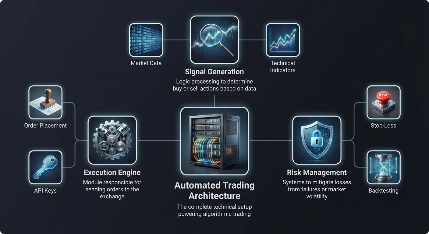 Detailed infographic depicting components of automated trading architecture, including signal generation, trade execution, and risk management functions.