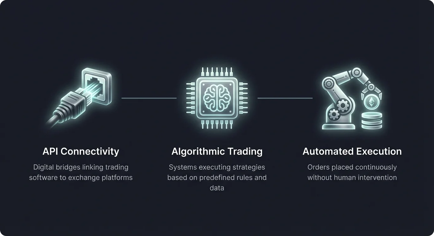 High-level infographic summarizing automation of trading via algorithmic systems and API connections for custom platforms.