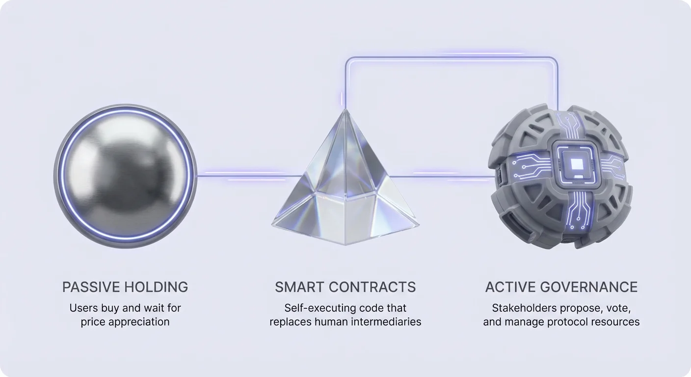 Infographic overview of DAO governance core concepts: passive holding, smart contracts, and active governance with distinct labels.