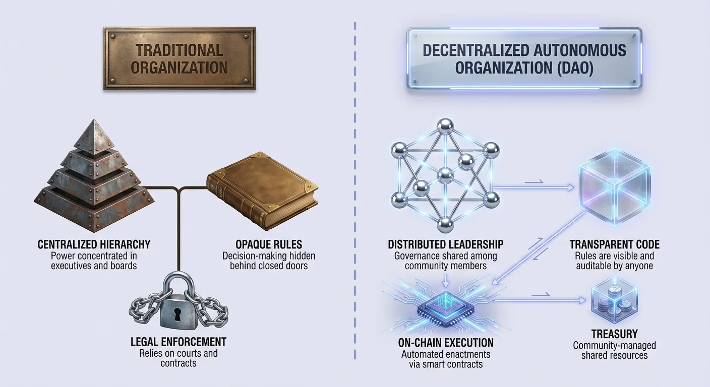 Split-view infographic contrasting traditional organizations with centralized hierarchy, opaque rules, and legal enforcement against DAOs with distributed leadership, transparent code, on-chain execution, and treasury.