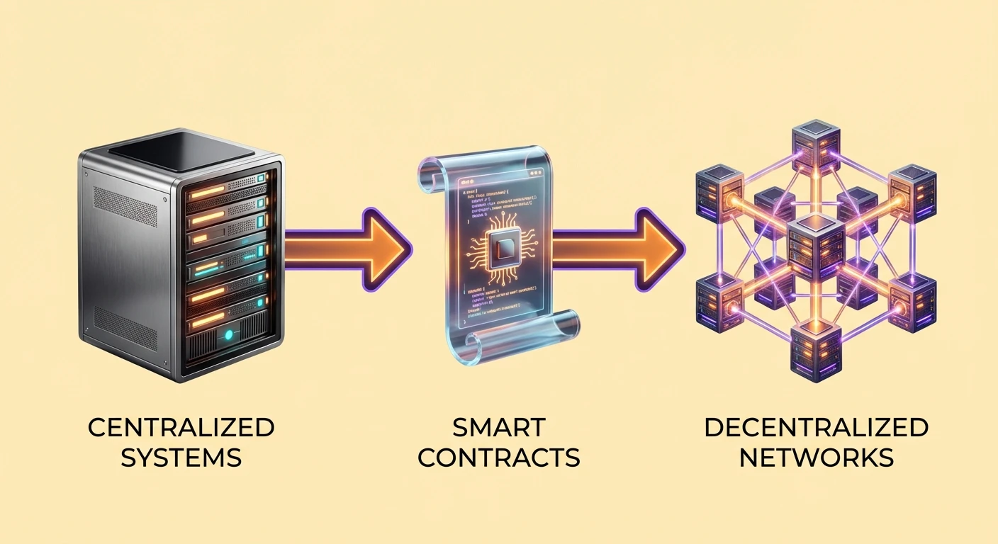 High-level infographic illustrating shift from centralized Web2 systems to decentralized Web3 dApps via smart contracts, using clean linear flow with large clear icons.