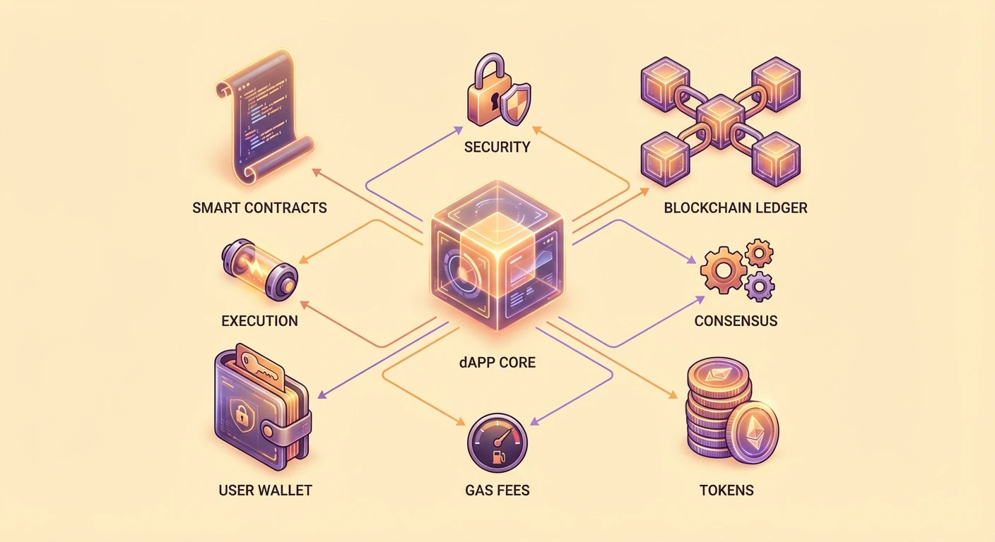 Infographic depicting dApp core in hub-and-spoke layout with central smart contracts connected to blockchain ledger, user wallet, and tokens using varied icon sizes for hierarchy.