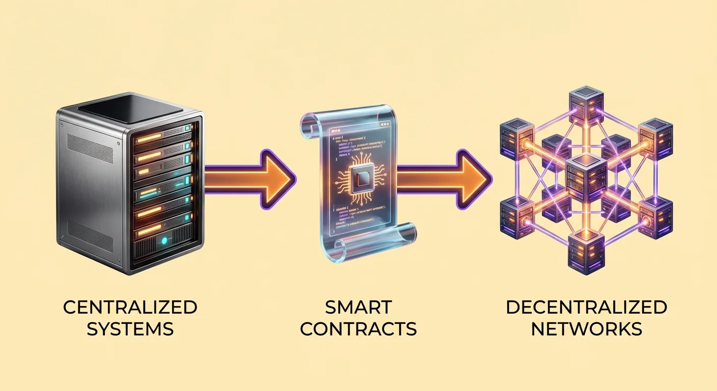 High-level infographic illustrating shift from centralized Web2 systems to decentralized Web3 dApps via smart contracts, using clean linear flow with large clear icons.
