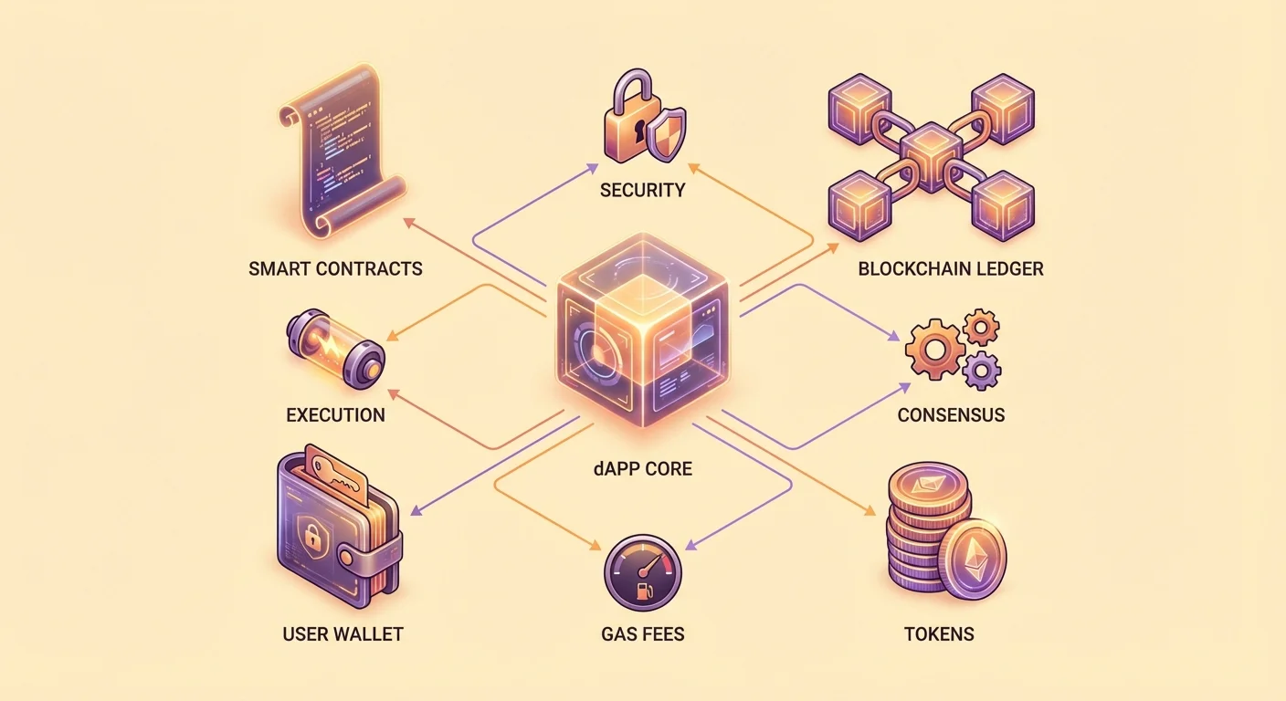 Infographic depicting dApp core in hub-and-spoke layout with central smart contracts connected to blockchain ledger, user wallet, and tokens using varied icon sizes for hierarchy.