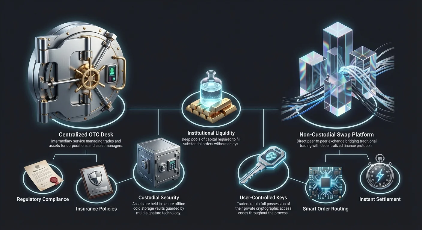 Infographic comparing centralized OTC desks with custodial security and non-custodial swap platforms with user-controlled keys, centered on institutional liquidity for crypto block trading.
