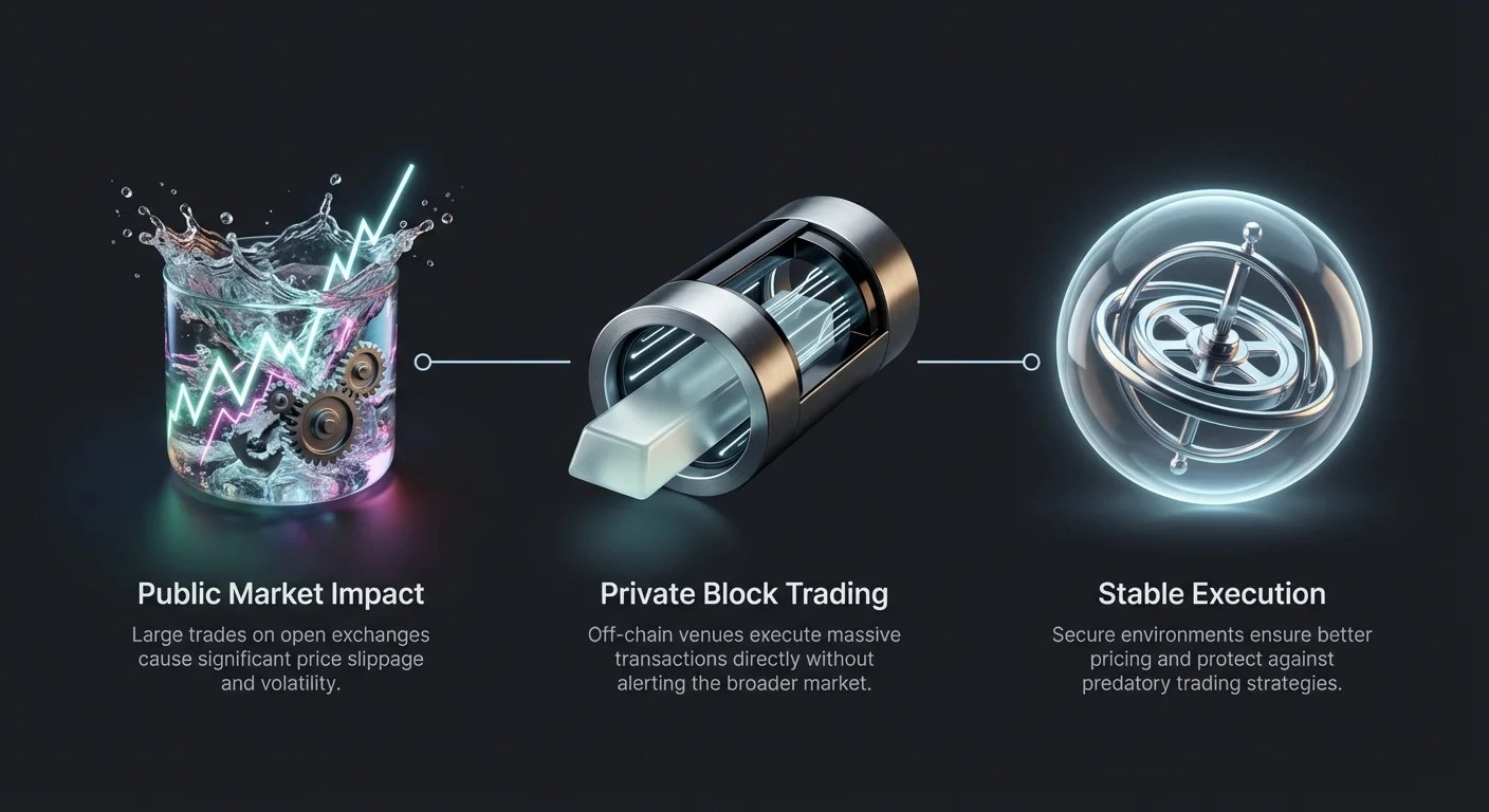 Infographic overview showing public market slippage from large crypto trades, private block trading solutions, and stable execution for better pricing and security.