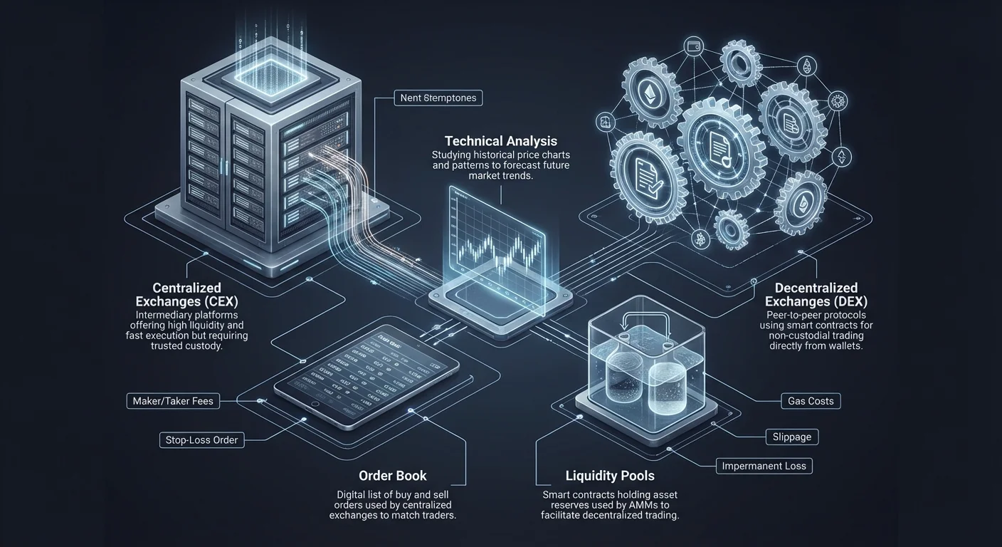 Detailed infographic comparing centralized (CEX) and decentralized (DEX) exchanges, illustrating differences in mechanisms, costs, and trading tools for crypto day trading strategies.