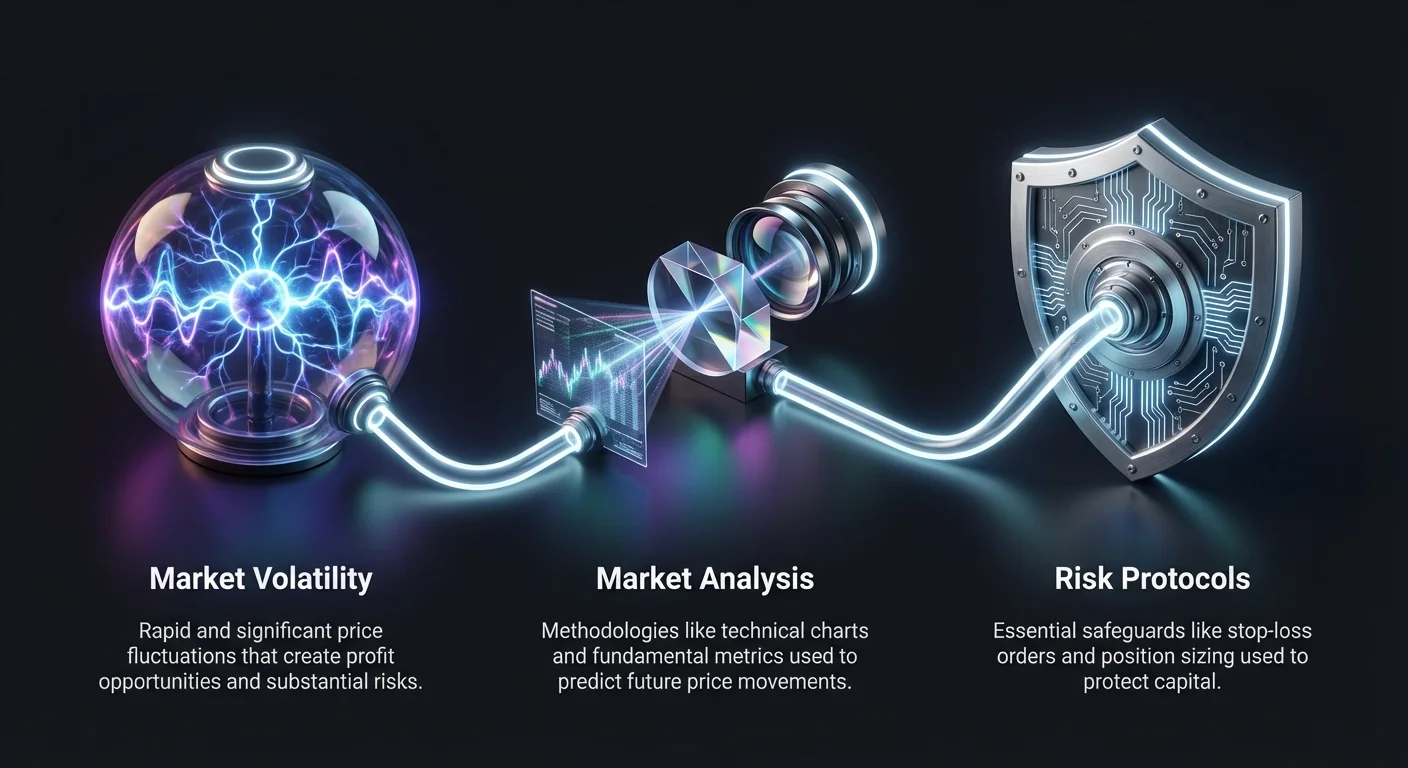 Infographic summarizing three core pillars of crypto day trading: market volatility, trading analysis, and risk management.