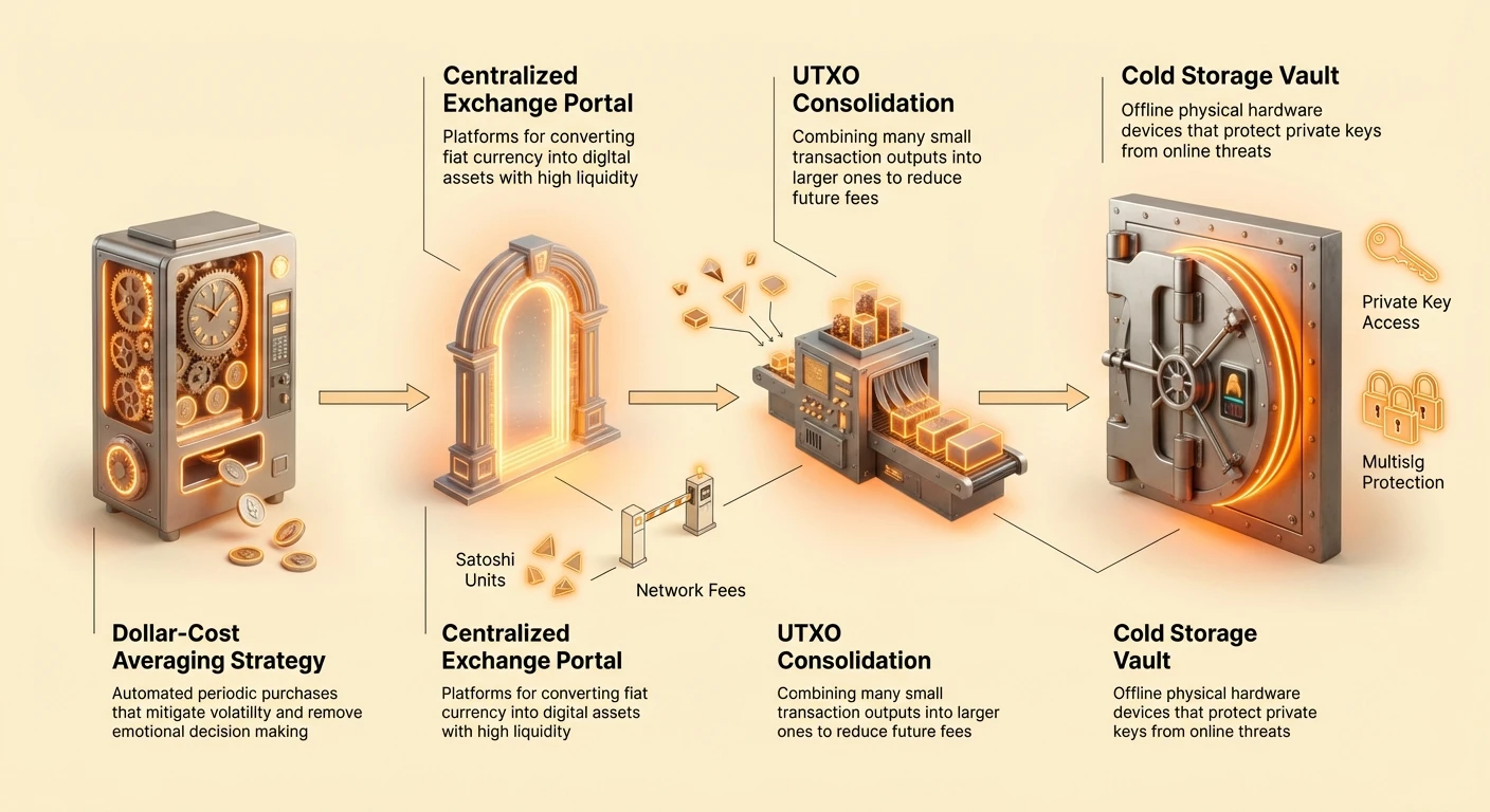 Infographic flowchart of Dollar-Cost Averaging strategy via centralized exchange, UTXO consolidation, to cold storage vault, highlighting satoshi units, network fees, private keys, and multisig protection.