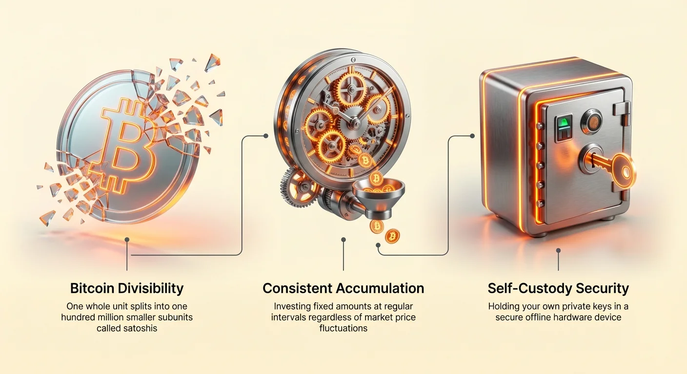 Infographic overview of Bitcoin divisibility into 100 million satoshis, consistent accumulation via fixed regular investments ignoring price swings, and self-custody security using offline hardware wallets.