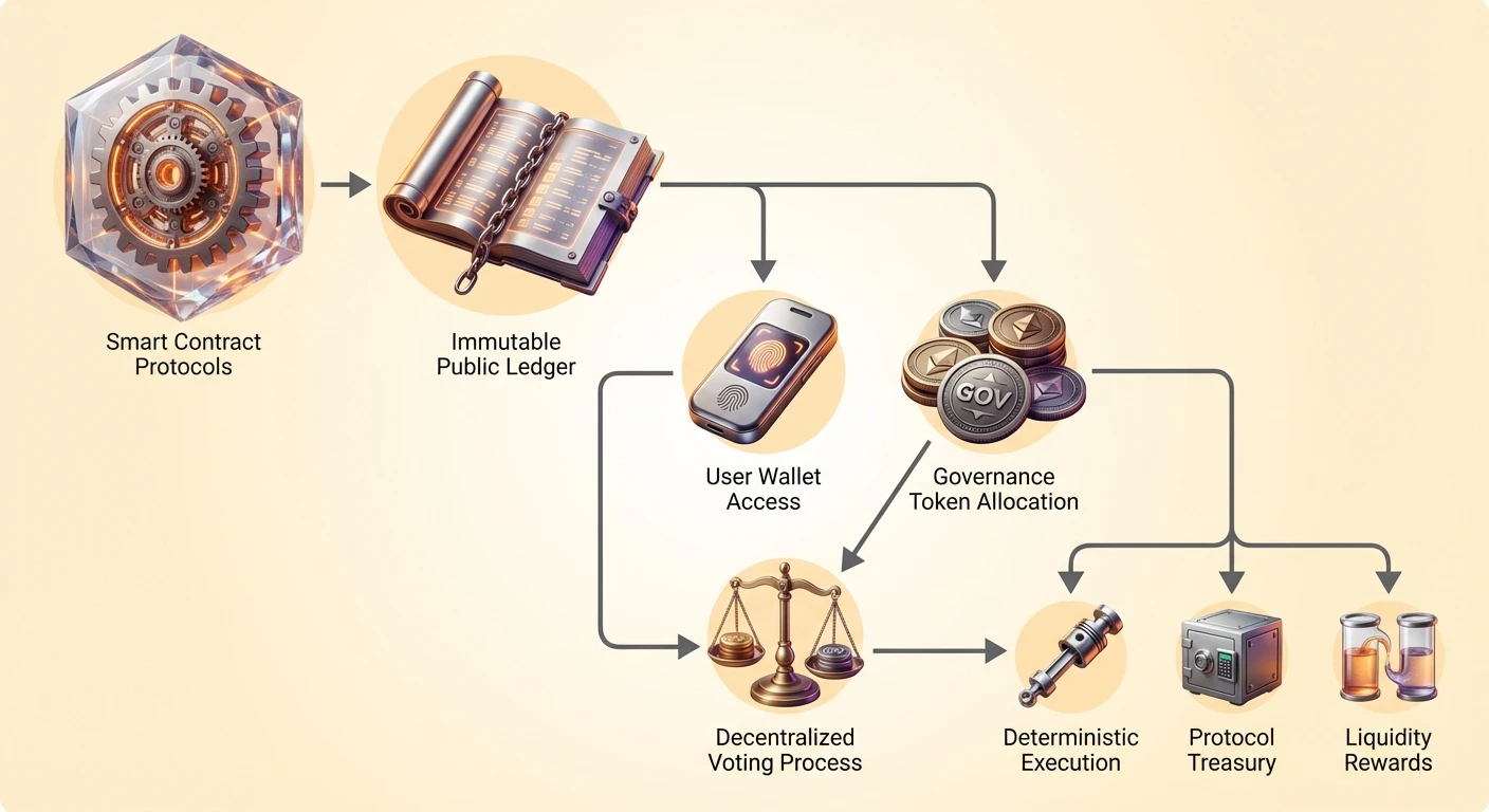 Infographic showing dApp governance process flow: smart contract protocols and immutable ledger lead to user wallet access, token allocation, voting, then deterministic execution, treasury management, and liquidity rewards.