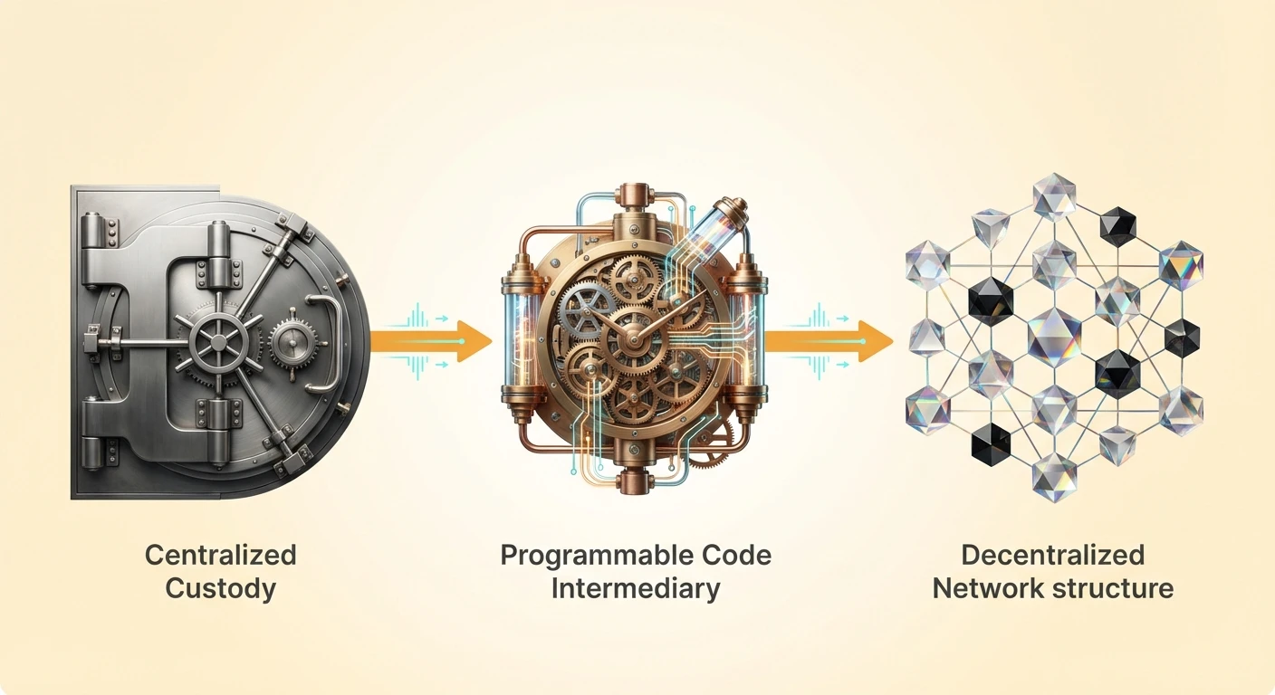 Infographic illustrating the transition from opaque centralized custody on the left, bridged by programmable code intermediary in the center, to transparent decentralized network structure on the right.