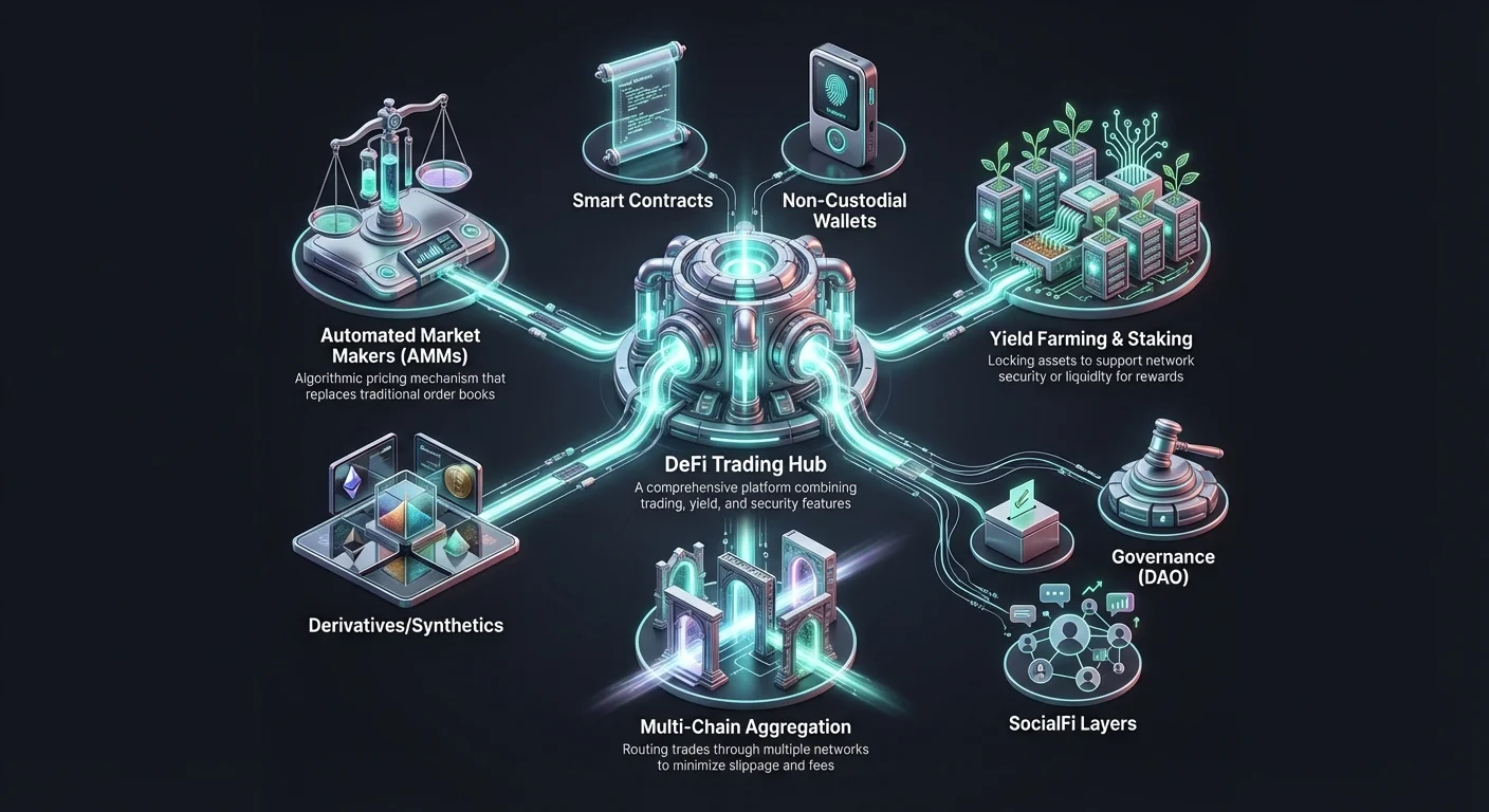 Detailed infographic of DeFi trading hub ecosystem in hub-and-spoke layout, displaying integrated features and services for advanced decentralized finance.