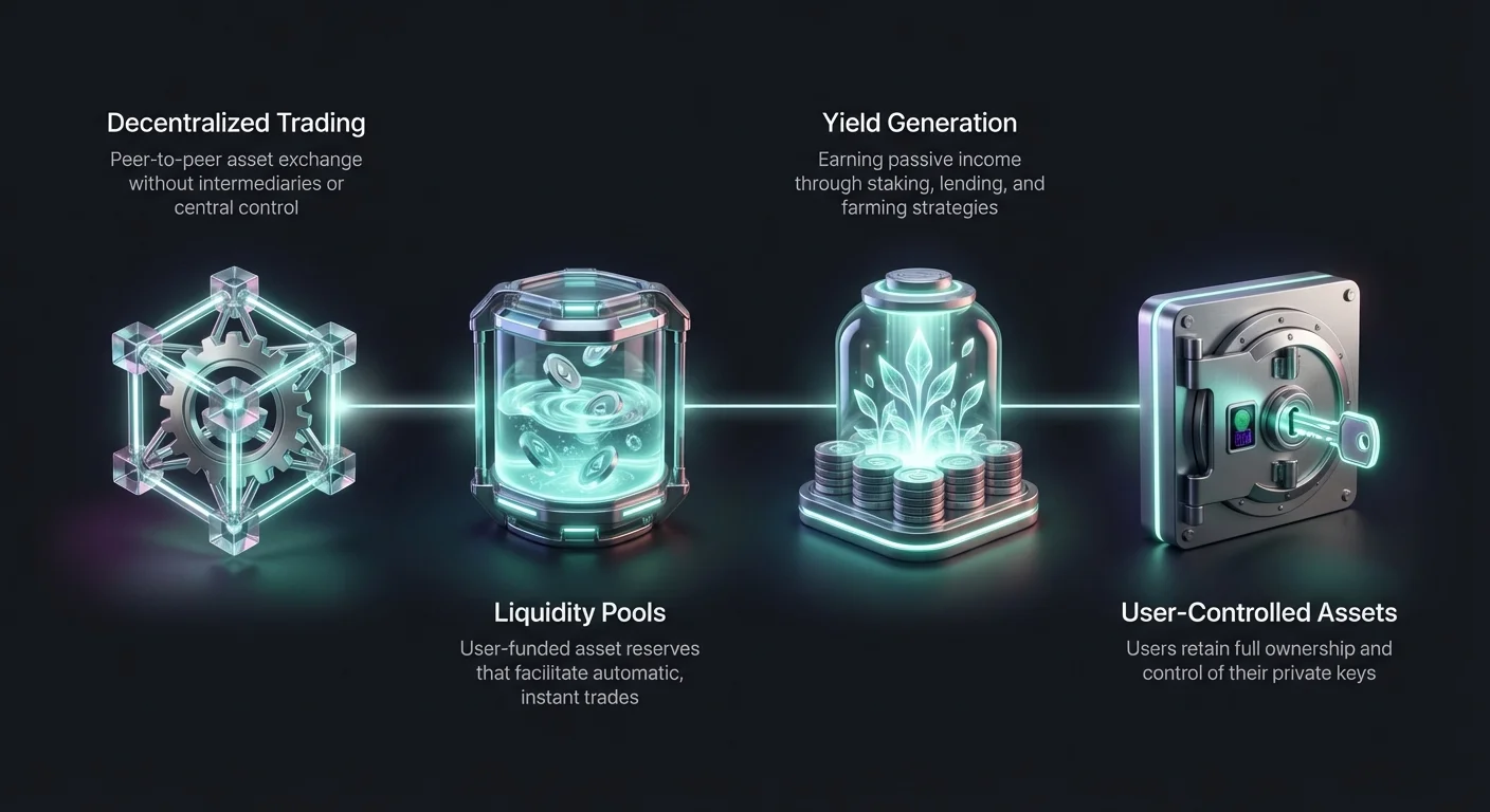High-level infographic summary of advanced DeFi trading hubs using four prominent interconnected nodes for core concepts.