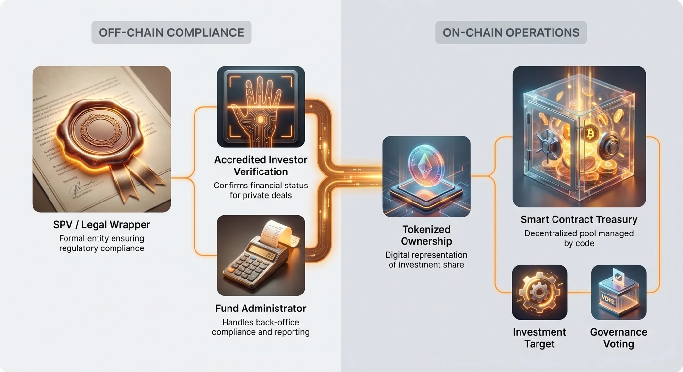 Detailed infographic illustrating the hybrid model for crypto syndicates, splitting off-chain legal compliance from on-chain operations with a central connecting bridge and hierarchical icons.