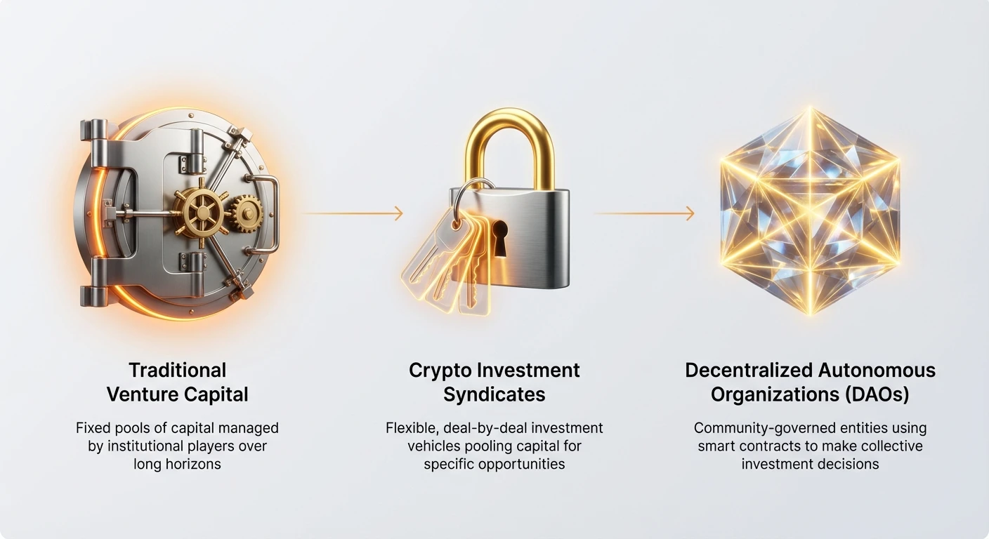 Photorealistic icons depicting the evolution from traditional venture capital to crypto investment syndicates and DAOs, connected subtly with clear labels and concise descriptions.