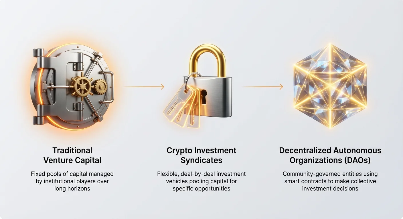 Photorealistic icons depicting the evolution from traditional venture capital to crypto investment syndicates and DAOs, connected subtly with clear labels and concise descriptions.