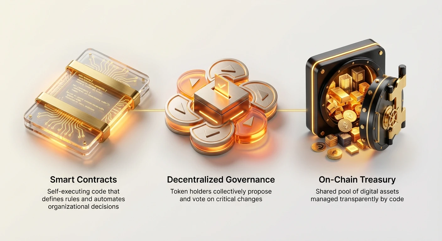 Infographic illustrating the three pillars of a DAO: smart contracts for self-executing rules, decentralized governance for token holder proposals and votes, and on-chain treasury for transparent asset management.