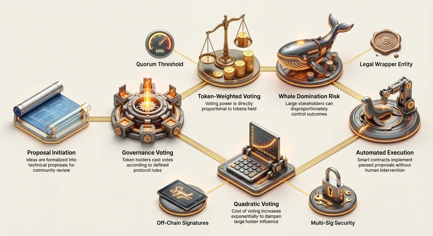 Infographic depicting DAO governance lifecycle from proposal to execution, contrasting token-weighted voting's whale domination risk with quadratic voting, plus quorum, multi-sig security, and legal wrappers.