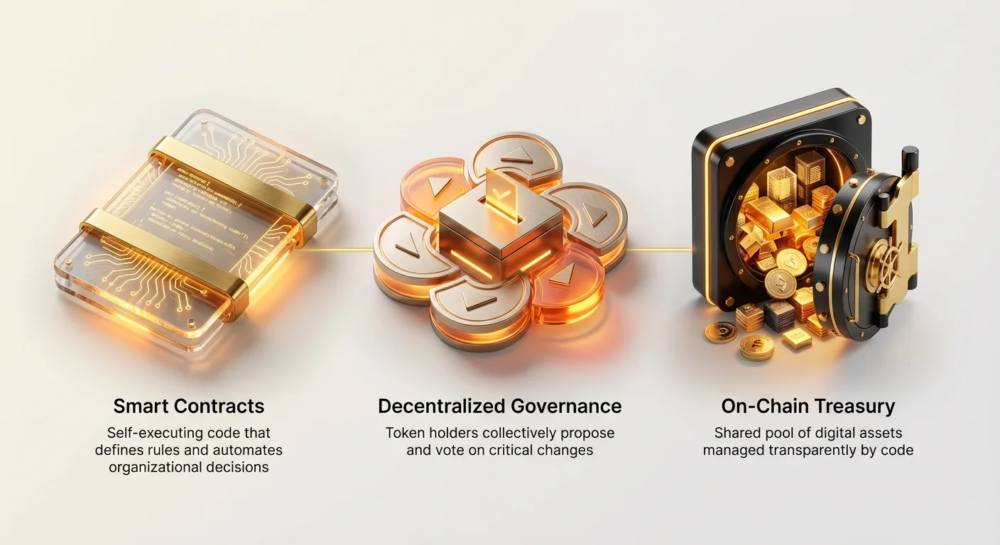 Infographic illustrating the three pillars of a DAO: smart contracts for self-executing rules, decentralized governance for token holder proposals and votes, and on-chain treasury for transparent asset management.
