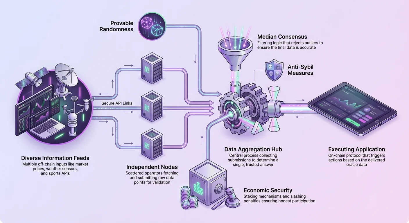 Detailed infographic depicting data flow from diverse off-chain sources through independent nodes, median consensus, anti-sybil measures, and economic security to on-chain executing applications.