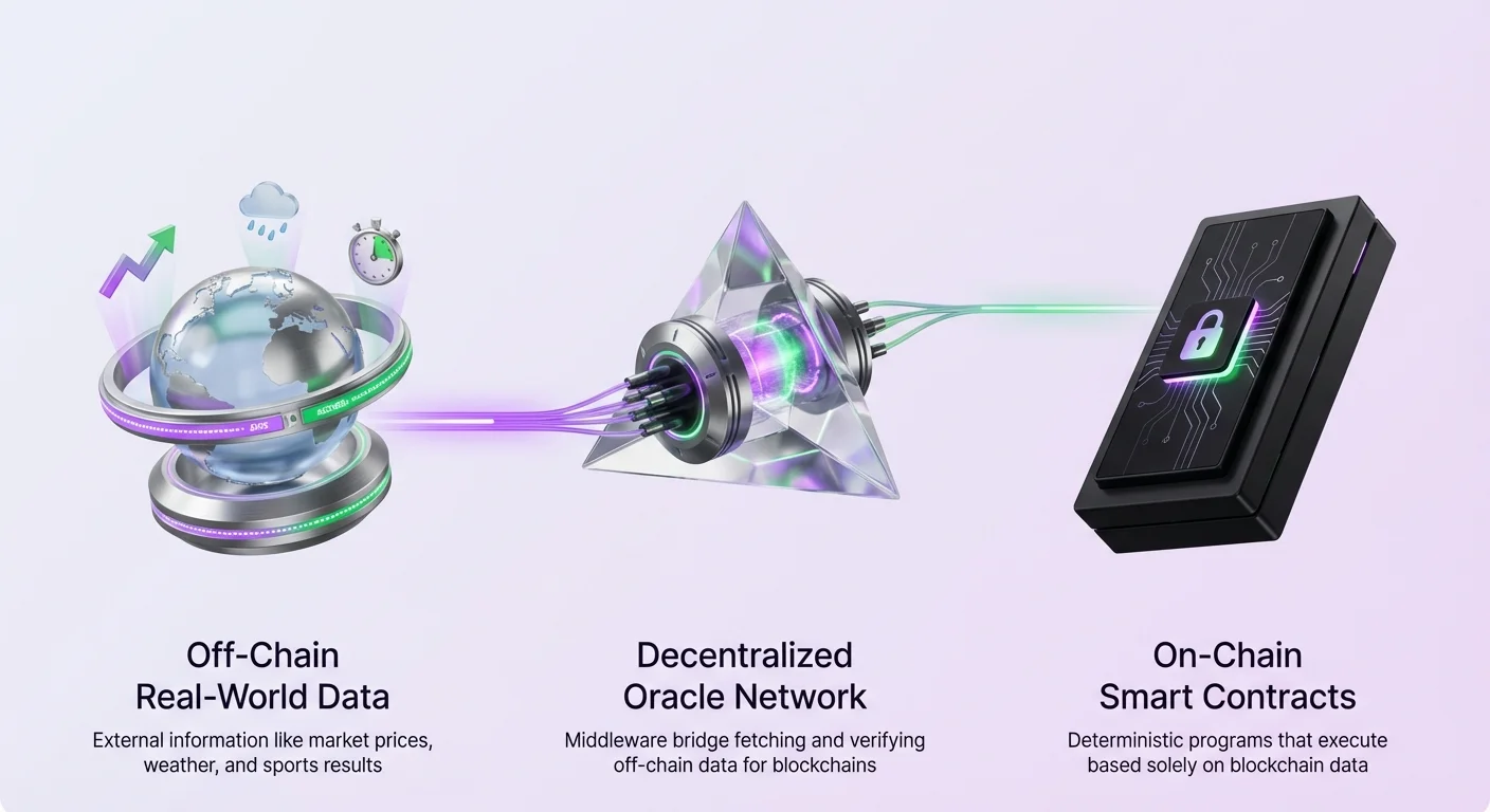 Simple infographic showing off-chain real-world data like prices, weather, and sports results bridged by a decentralized oracle network to on-chain smart contracts.