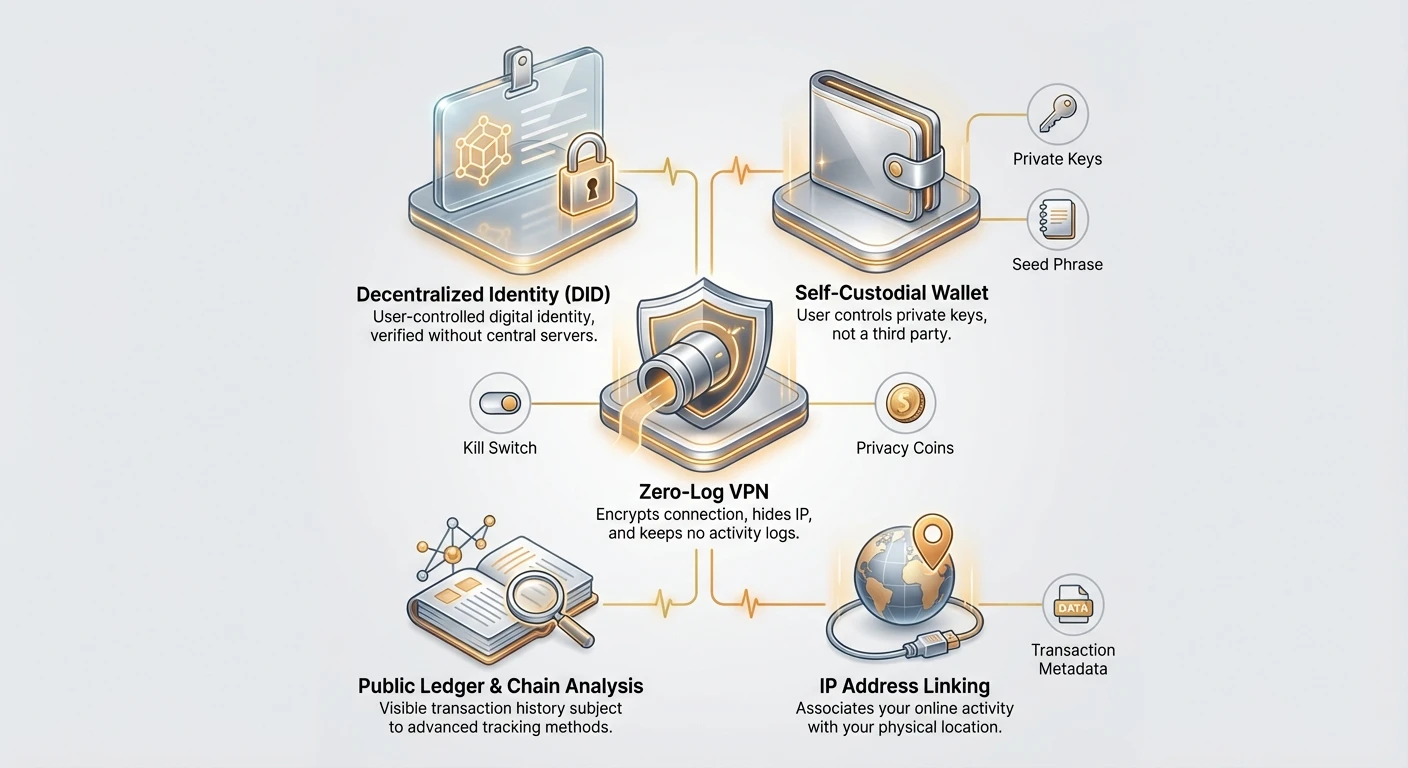 Detailed infographic of privacy defense stack showing VPN as protective layer shielding identity and assets from chain analysis and IP linking threats, illustrating defense-in-depth strategy.