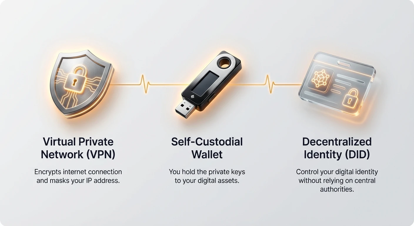 High-level infographic overview of three core decentralized privacy toolkit components: VPN, self-custodial wallet, and decentralized identity with icons and descriptions.