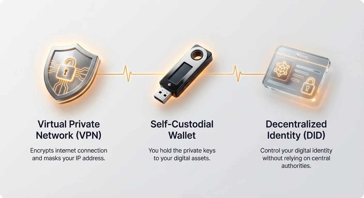 High-level infographic overview of three core decentralized privacy toolkit components: VPN, self-custodial wallet, and decentralized identity with icons and descriptions.