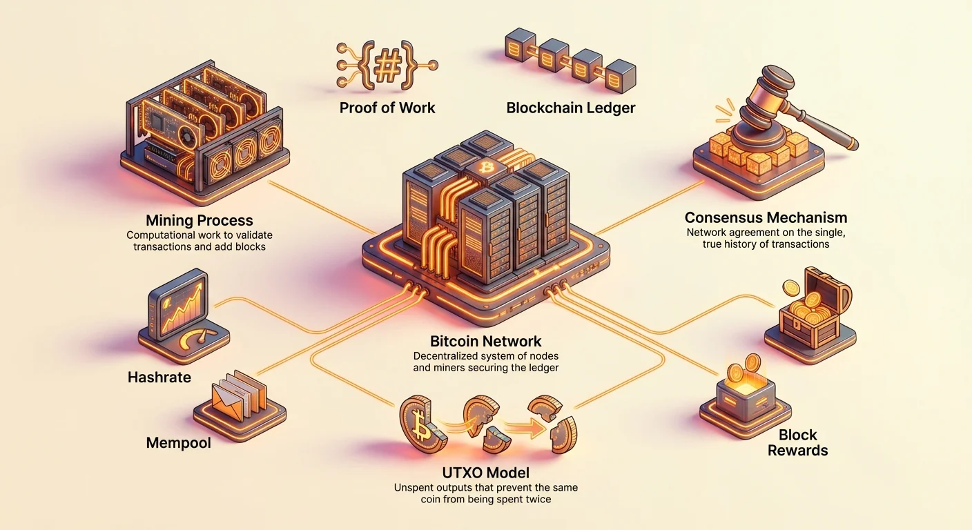 Hub-and-spoke infographic of Bitcoin network, centering on core hub with radiating elements like mining process, consensus mechanism, UTXO model, Proof of Work, and blockchain ledger.