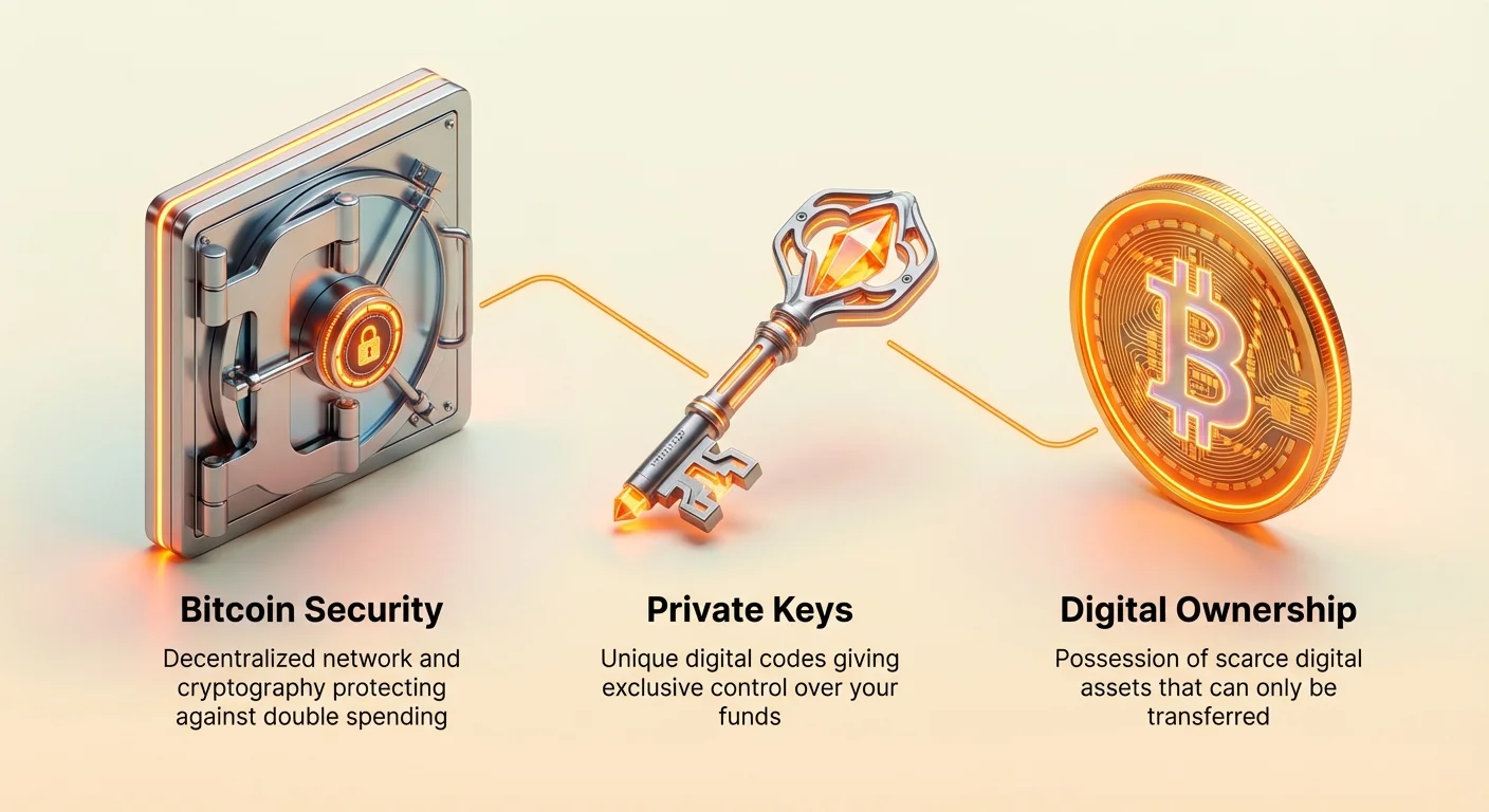 Simple overview of Bitcoin's security model: private keys unlock features for transferring unique digital assets that cannot be copied, illustrated with icons for blockchain, Proof of Work, and UTXO.