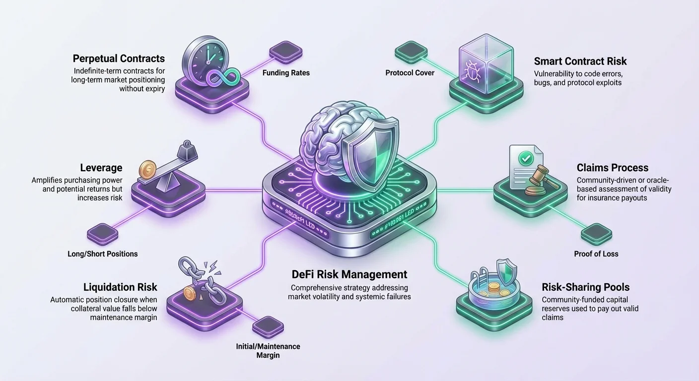 Detailed infographic illustrating DeFi derivatives mechanics like perpetual contracts and leverage, plus risks including liquidation and smart contract failures, tied to risk management.